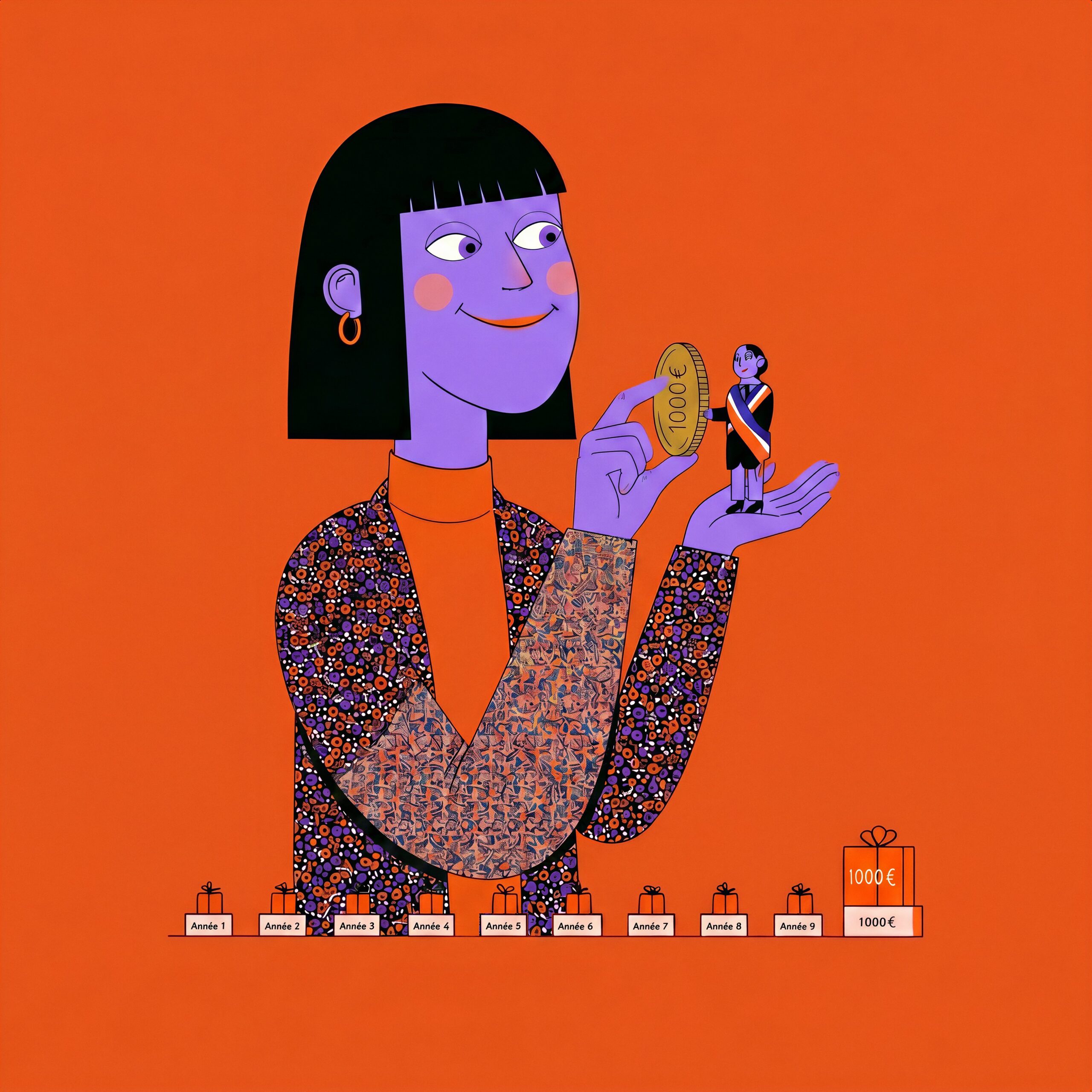 Illustration d'une femme stylisée tenant un petit personnage et une pièce dorée.