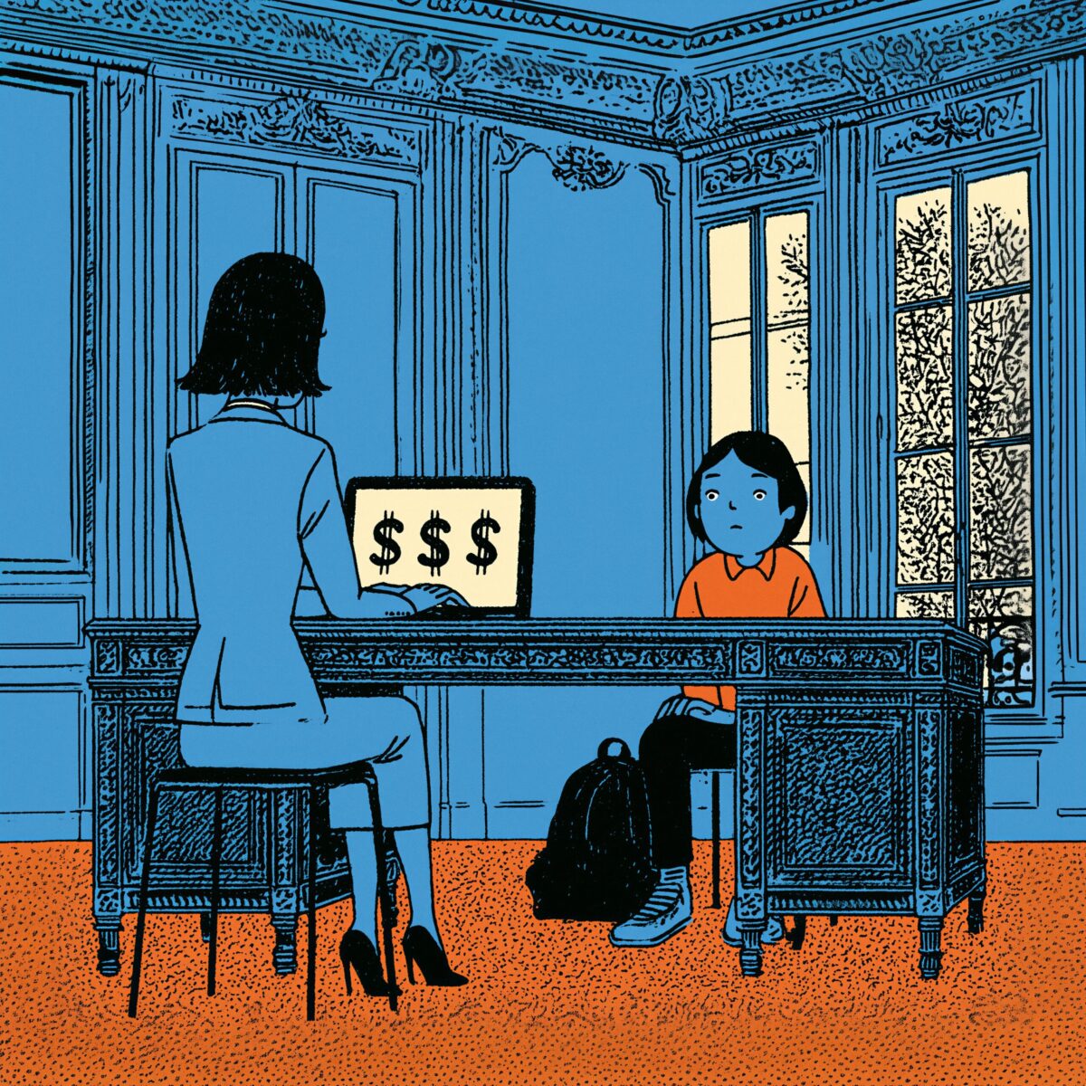 Illustration stylisée d'un entretien professionnel où un ordinateur affiche des symboles de dollar.