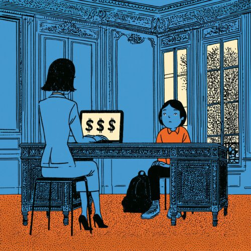 Illustration stylisée d'un entretien professionnel où un ordinateur affiche des symboles de dollar.