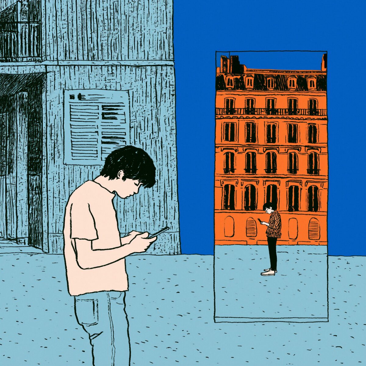 Illustration d'un jeune homme absorbé par son téléphone dans la rue, à côté d'un cadre ouvrant sur un immeuble orange.