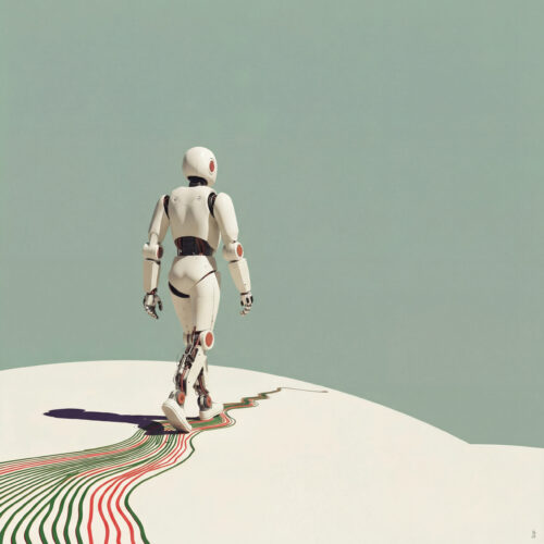 Un robot humanoïde blanc marche sur une surface claire en laissant un sillage coloré.