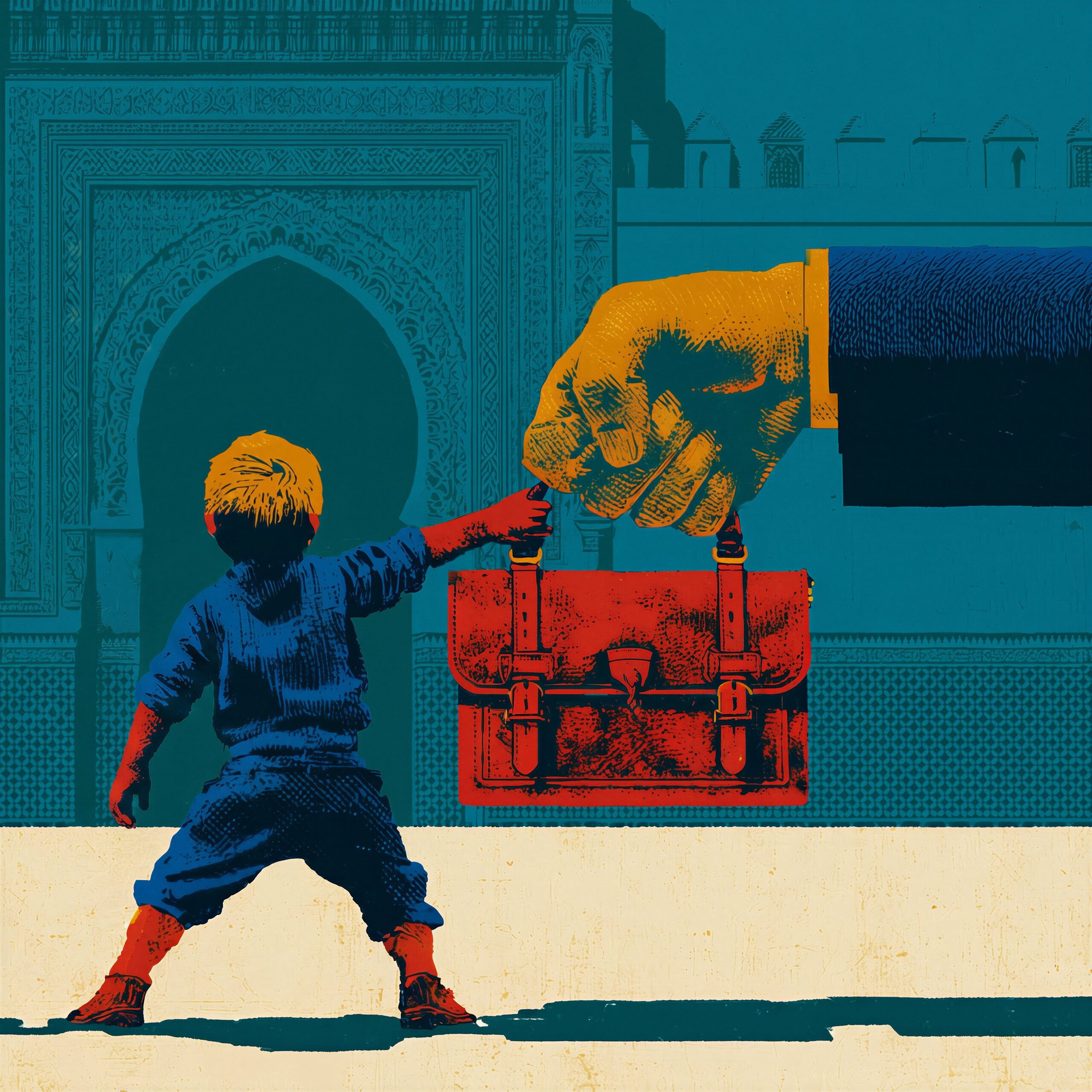 Illustration d'un petit garçon et d'une main d'adulte géante se disputant un cartable rouge.