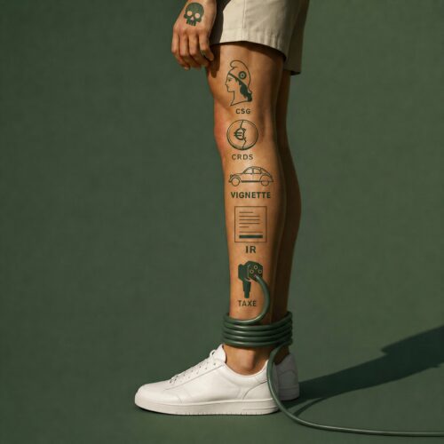 Jambe tatouée portant une basket blanche et un câble vert enroulé autour de la cheville.