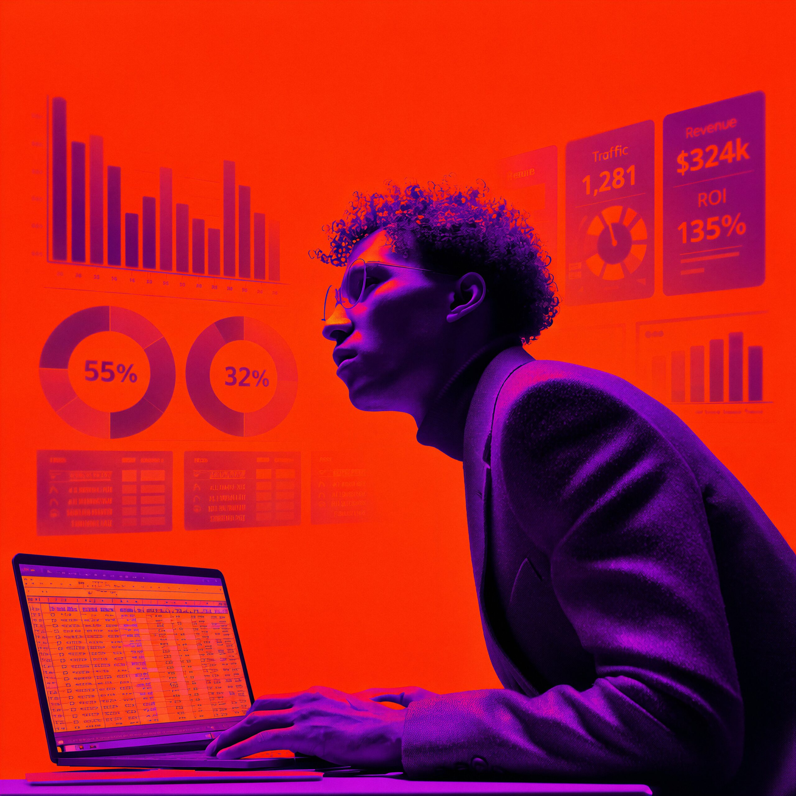 Un homme en costume concentré sur son ordinateur portable entouré de graphiques et de données financières.