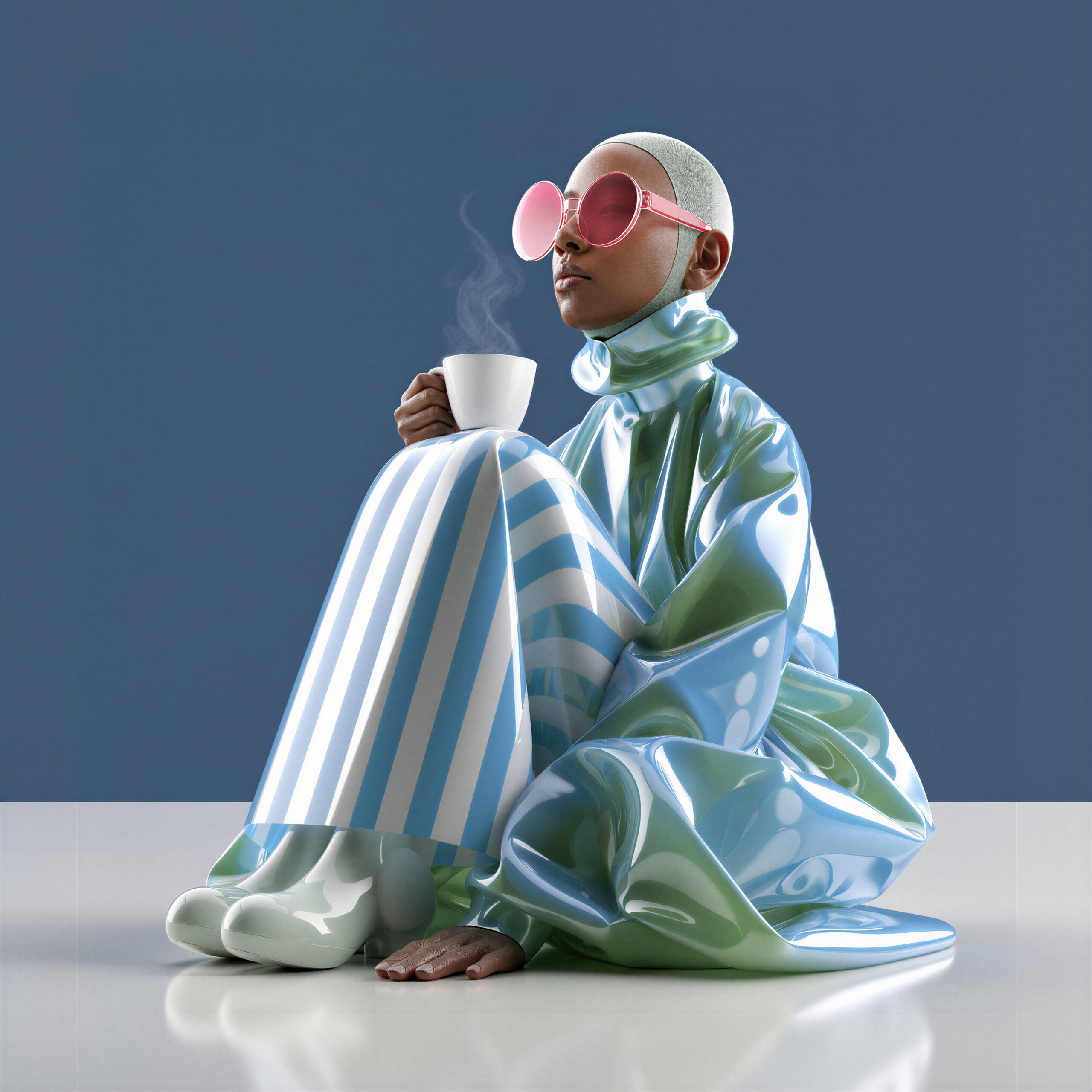 Personne au style futuriste portant d'imposantes lunettes roses et tenant une tasse de café fumante.