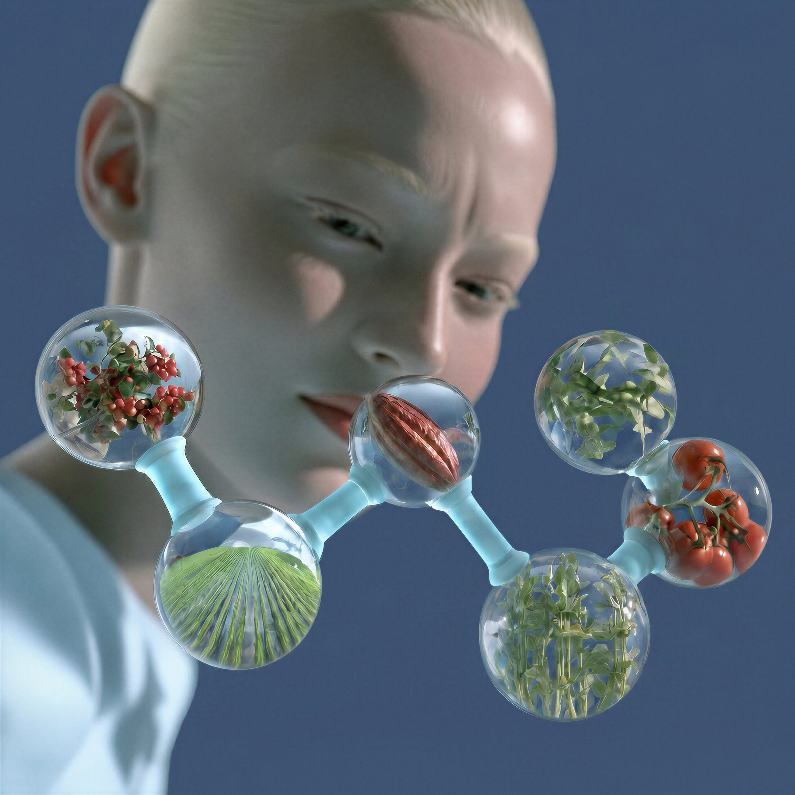 Un jeune homme observant de près une structure moléculaire transparente dont les atomes contiennent des éléments naturels et de la nourriture.