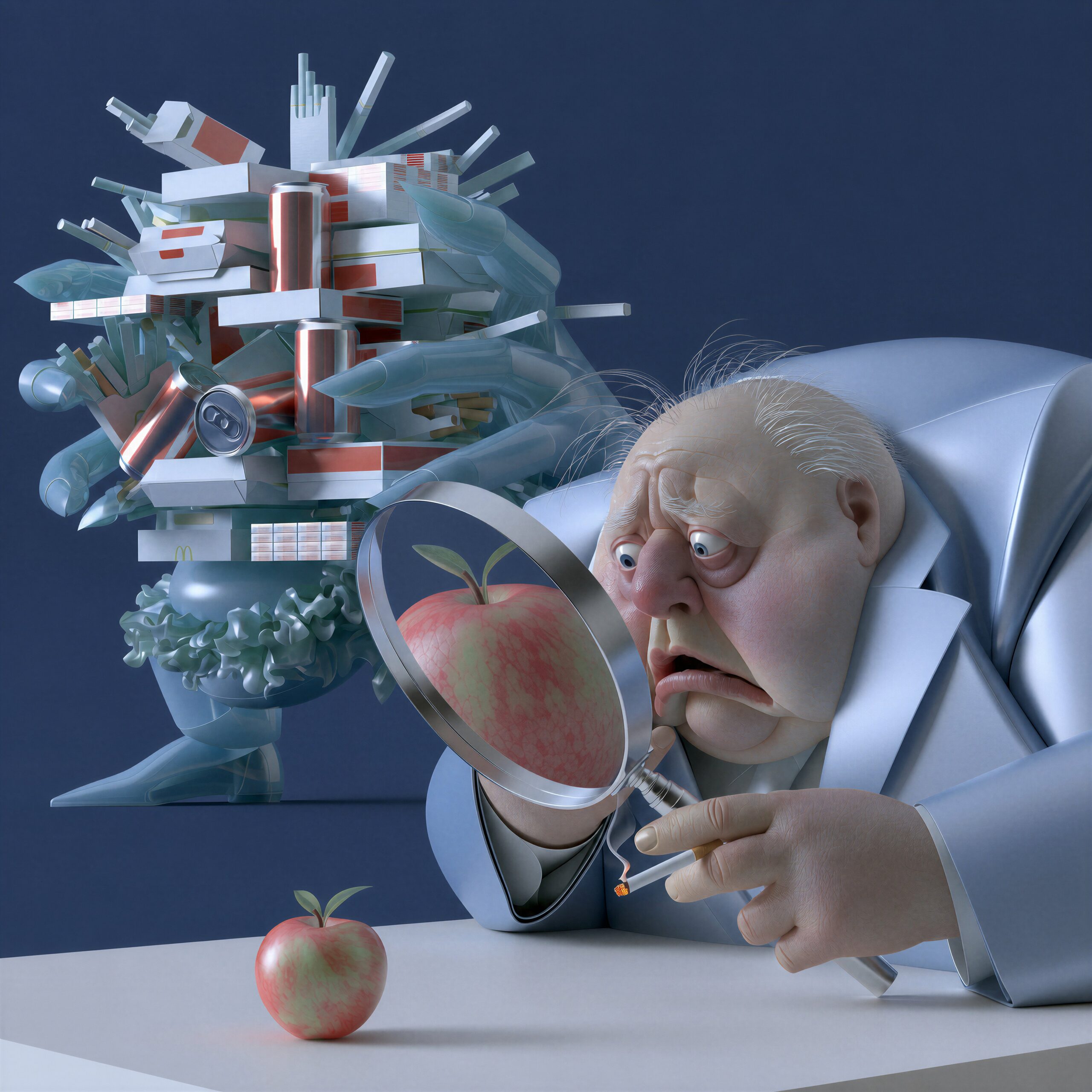 Illustration 3D d'un personnage examinant une pomme à la loupe devant une structure faite de cigarettes
