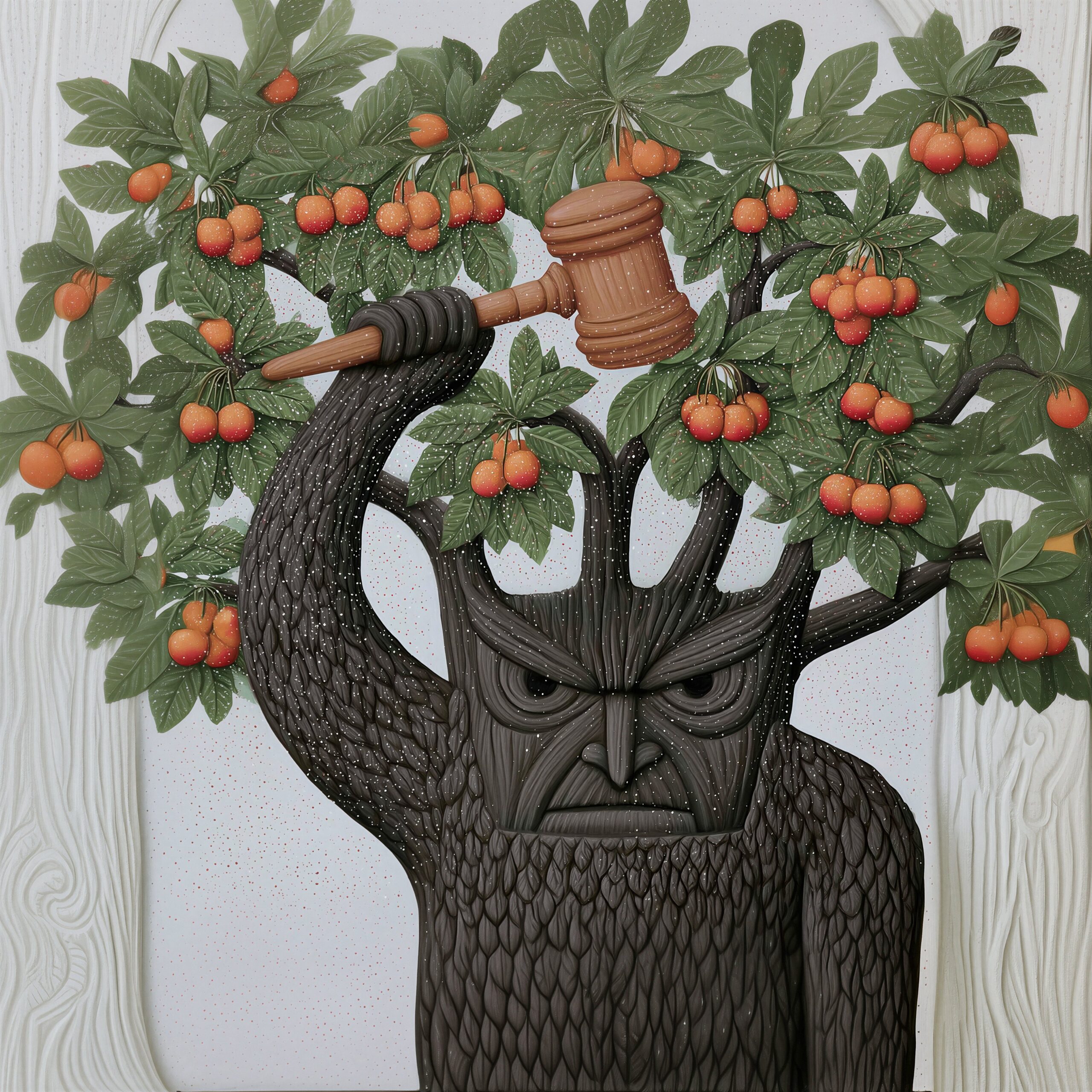 Sculpture d'un arbre anthropomorphe au visage sévère brandissant un marteau en bois sous ses branches fruitières.