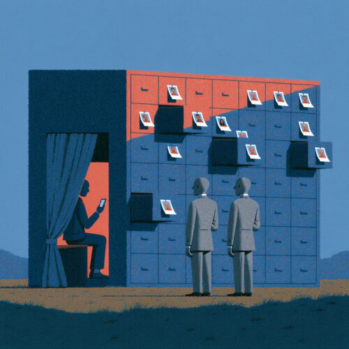 Illustration conceptuelle d'une cabine photo intégrée à un meuble de classement observée par deux hommes en costume.