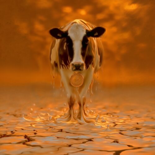 Une vache debout au milieu d'un sol aride et craquelé sous une lumière dorée.