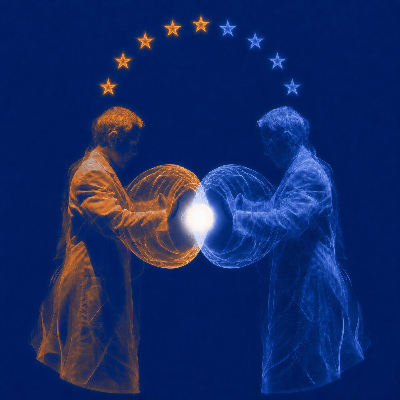 Illustration stylisée de deux silhouettes se faisant face générant une énergie lumineuse sous un arc d'étoiles.