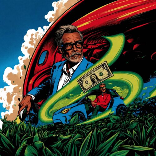 Illustration dynamique de style comics montrant un homme mûr en costume bleu entouré d'une spirale verte, d'un billet de banque et d'une voiture.