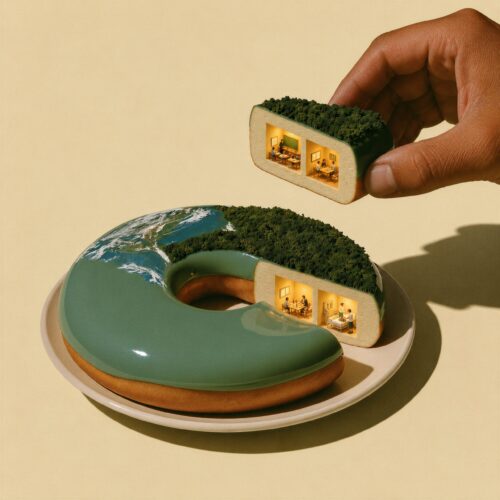 Un donut artistique garni d'un glaçage vert et de mousse, dont une part illuminée est soulevée par une main.