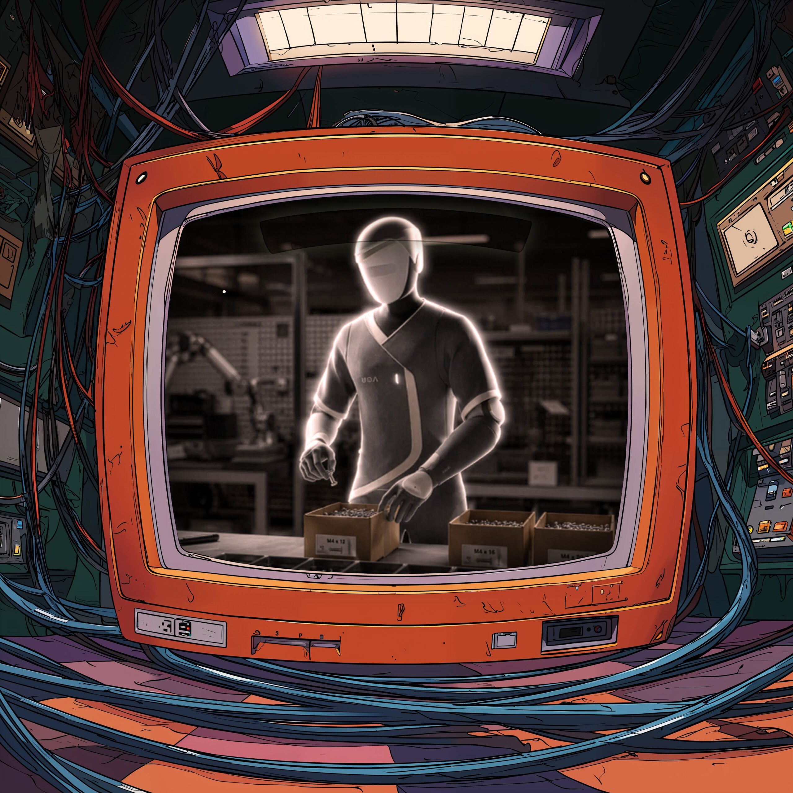 Un écran de télévision rétro orange diffusant la silhouette lumineuse d'un personnage dans un atelier.