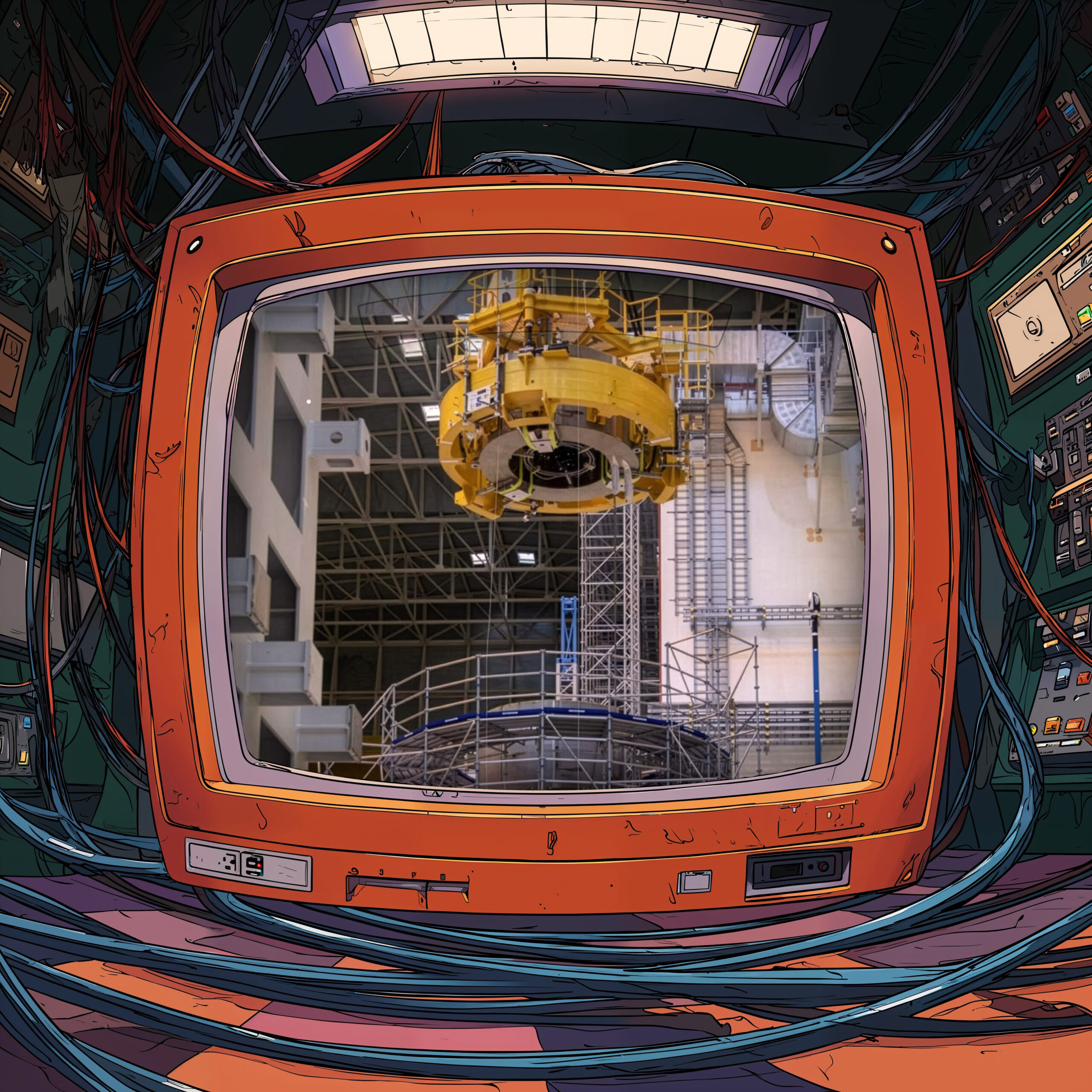 Écran orange de contrôle affichant une machinerie industrielle suspendue dans un hangar.