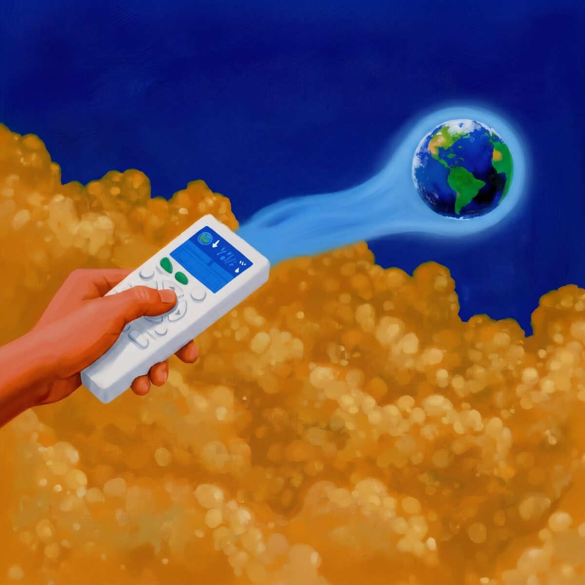 Main pointant une télécommande vers la Terre pour refroidir une atmosphère surchauffée.