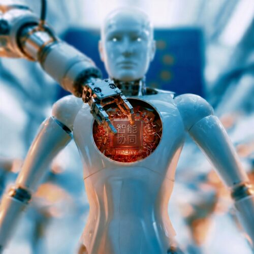 Un bras robotique manipule le cœur électronique lumineux d'un robot humanoïde blanc.