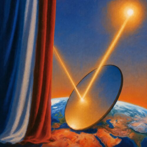 Illustration d'une antenne parabolique dans l'espace réfléchissant un rayon de soleil au-dessus de la Terre, bordée par un drapeau français.