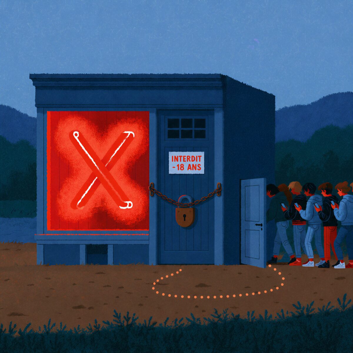 Illustration nocturne d'un bâtiment arborant un grand X lumineux rouge cadenassé pendant que des jeunes, dont Céleste, entrent par le côté.