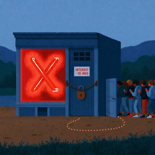 Illustration nocturne d'un bâtiment arborant un grand X lumineux rouge cadenassé pendant que des jeunes, dont Céleste, entrent par le côté.