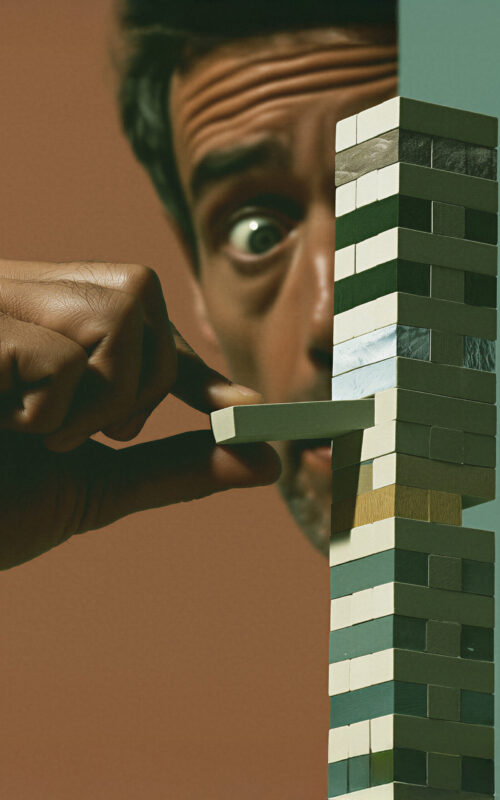 Illustration surréaliste d'un homme retirant un bloc d'une haute tour.