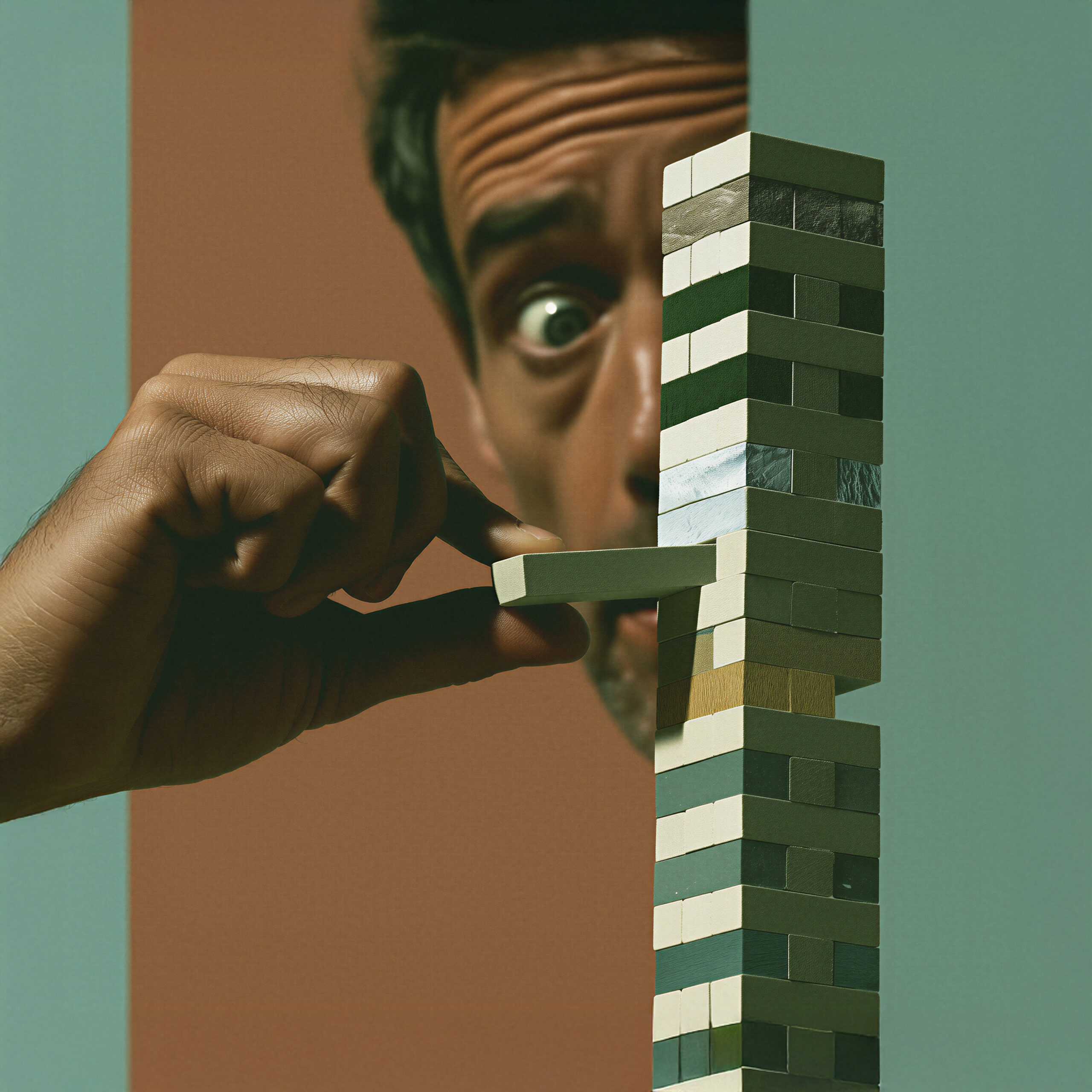 Illustration surréaliste d'un homme retirant un bloc d'une haute tour.