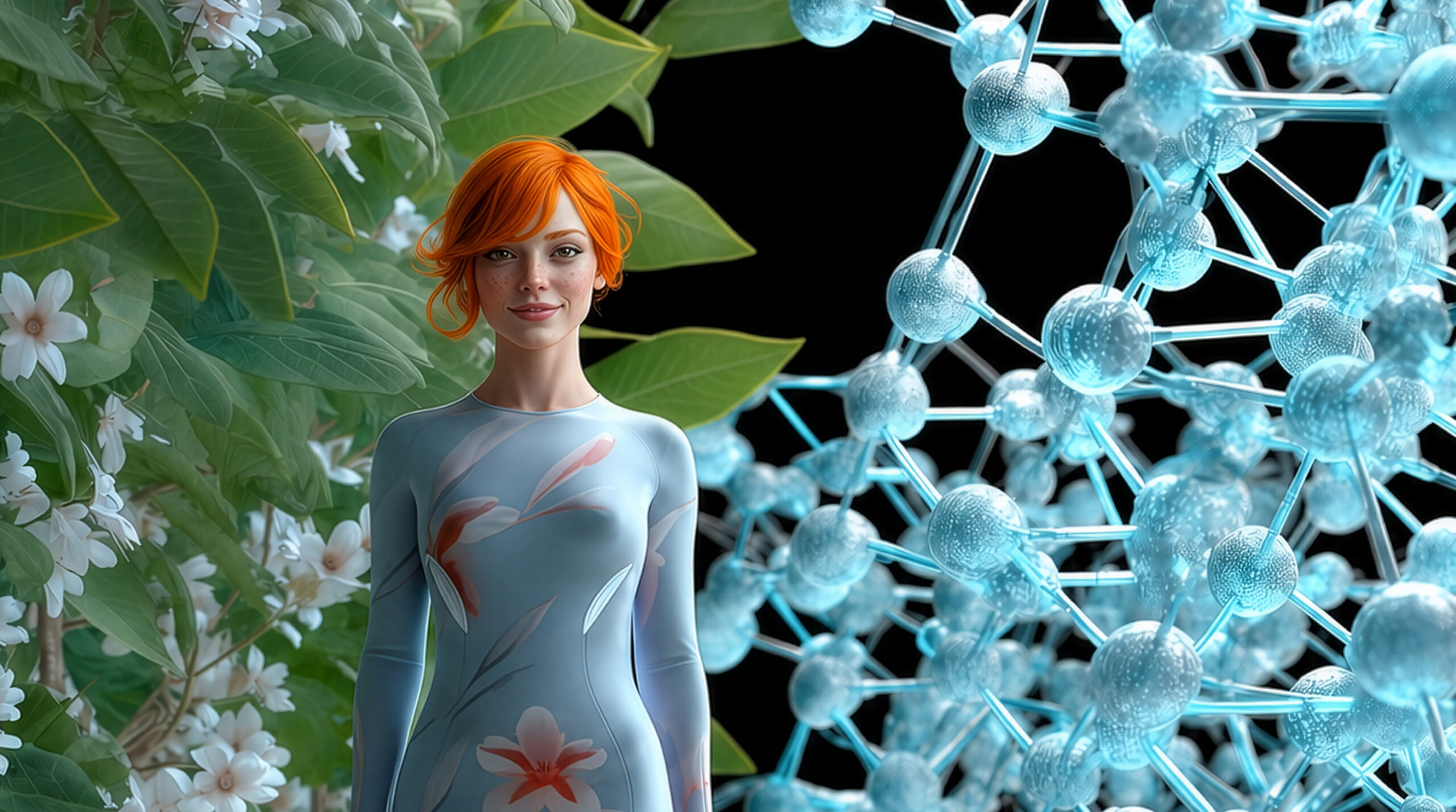 Céleste aux cheveux roux pose à côté de feuillages et d'une structure moléculaire bleue.