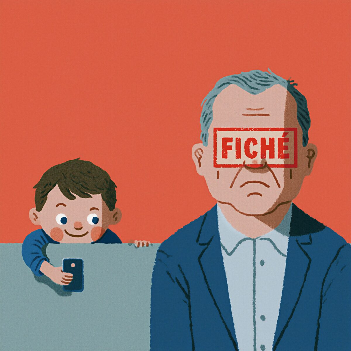 Illustration d'un jeune garçon utilisant un smartphone face à un homme âgé marqué d'un tampon rouge FICHE.