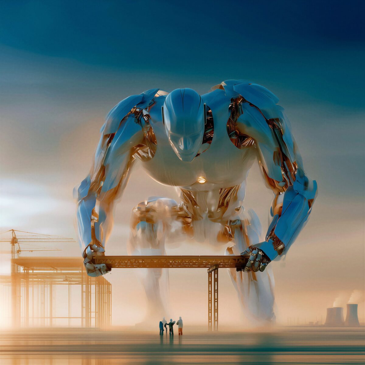 Un robot géant blanc et métallique s'agenouillant au-dessus d'une structure industrielle devant de petites silhouettes humaines.