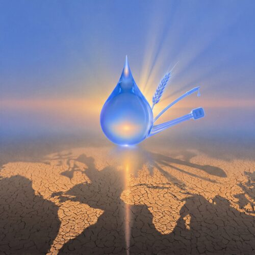 Une goutte d'eau bleue et lumineuse flottant au-dessus d'une carte du monde sous un ciel ensoleillé.