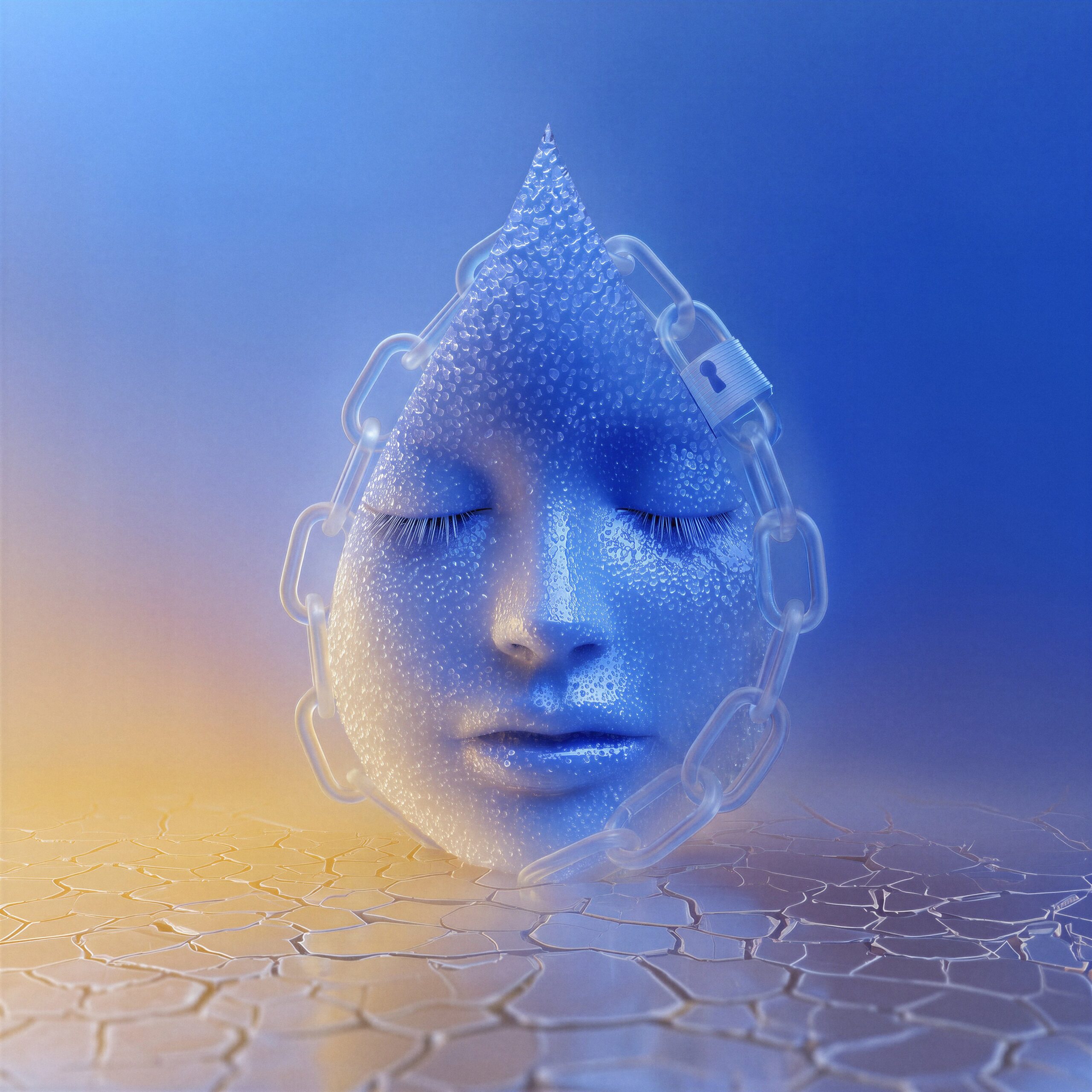 Un visage numérique bleu aux yeux fermés sculpté dans une forme de goutte de technologie.
