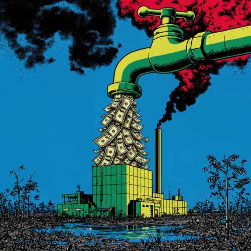 Illustration d'un robinet géant déversant des billets de banque sur une usine polluante.