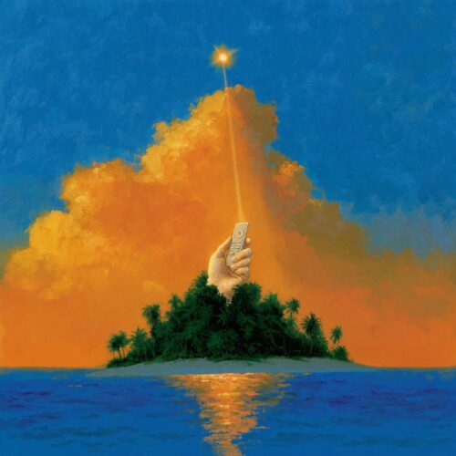 Illustration surréaliste d'une main émergeant d'une île tropicale et tenant une baguette lumineuse vers le ciel.
