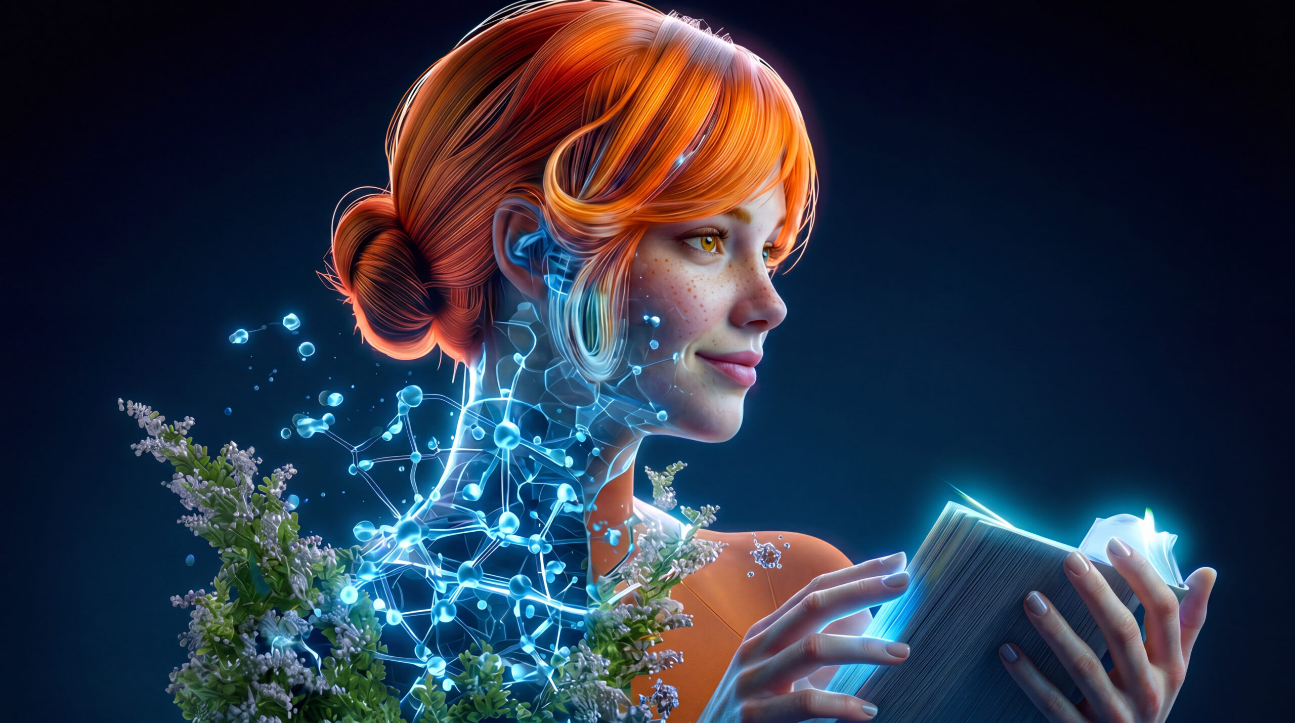 Céleste, une femme rousse aux détails cybernétiques lumineux, lisant un livre.