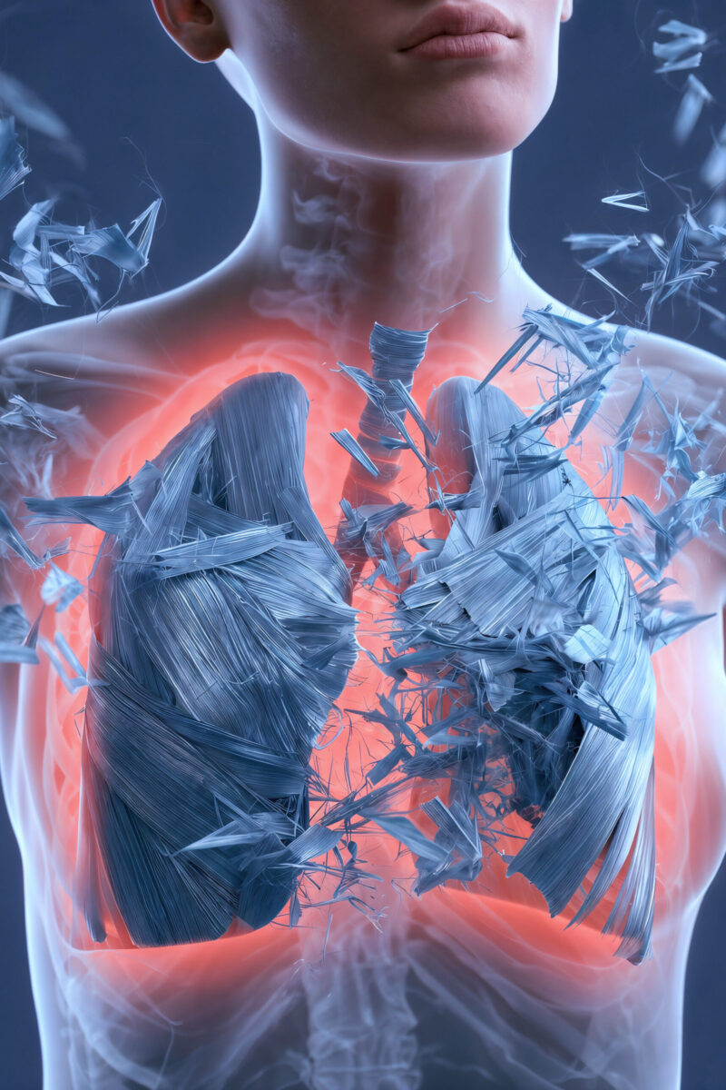Illustration 3D du buste d'une personne révélant des poumons enflammés et brisés.
