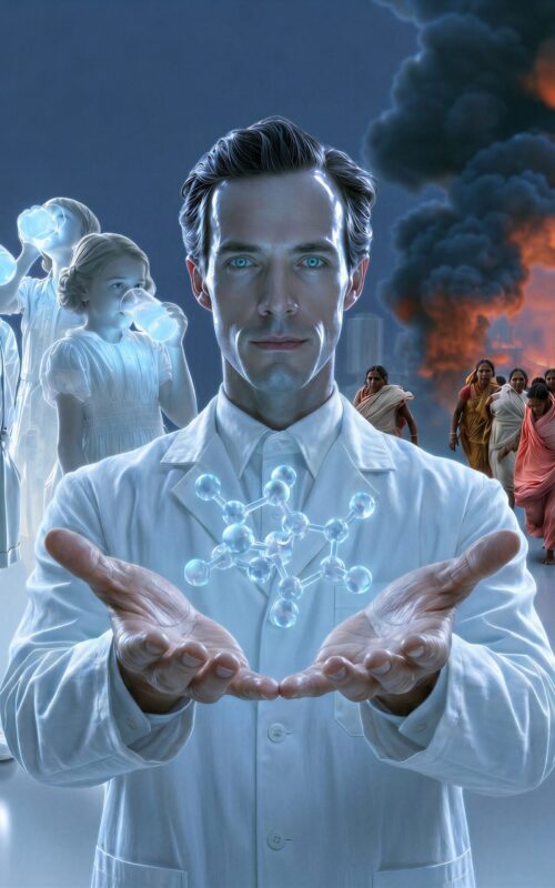 Un scientifique en blouse blanche présente un symbole moléculaire lumineux au centre d'une scène contrastée.