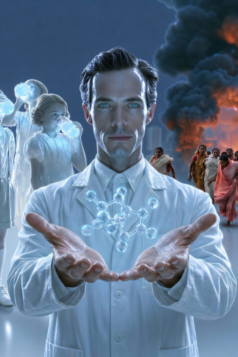 Un scientifique en blouse blanche présente un symbole moléculaire lumineux au centre d'une scène contrastée.