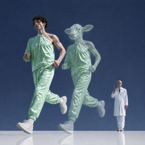 Un homme en tenue de sport verte court à côté d'un double translucide à tête de veau, observé par un scientifique.