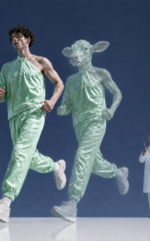 Un homme en tenue de sport verte court à côté d'un double translucide à tête de veau, observé par un scientifique.