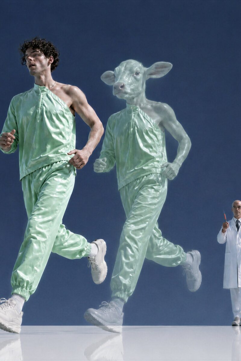Course surréaliste et expérimentation scientifique Un homme en tenue de sport verte court à côté d'un double translucide à tête de veau, observé par un scientifique.