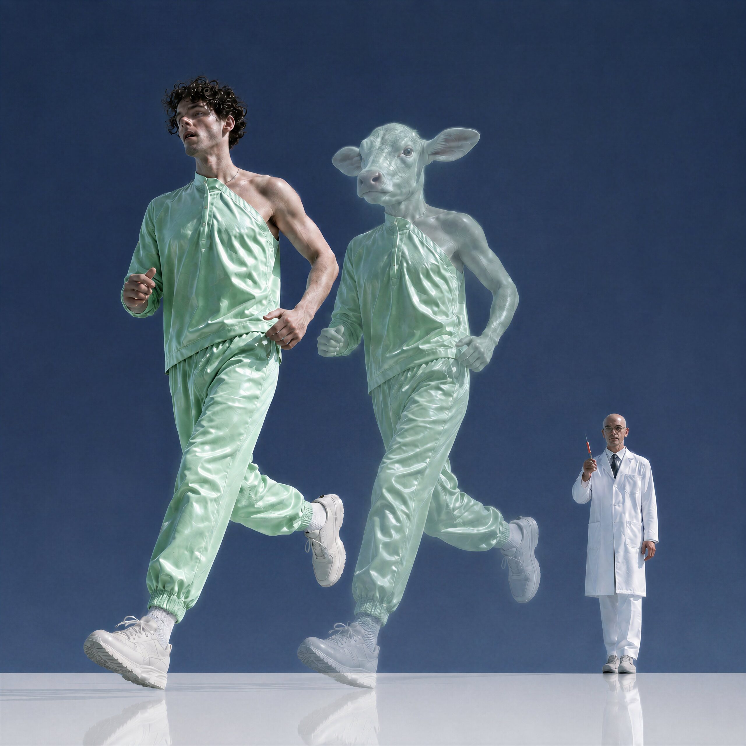 Un homme en tenue de sport verte court à côté d'un double translucide à tête de veau, observé par un scientifique.