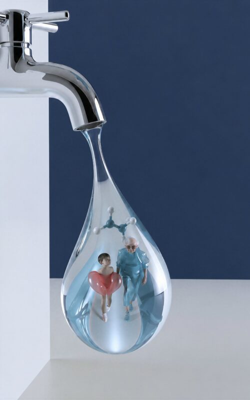 Une goutte d'eau tombant d'un robinet chromé renferme un enfant, une personne âgée et une structure moléculaire.