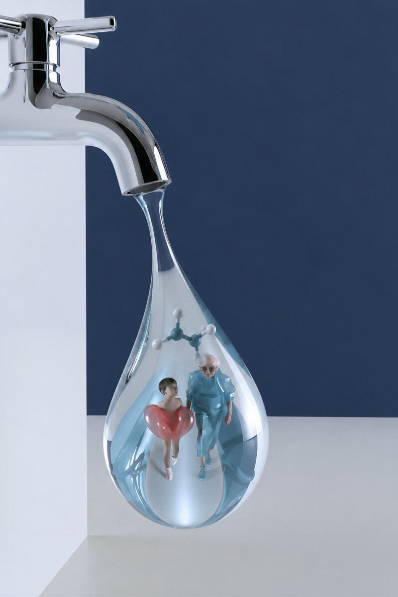 Une goutte d'eau tombant d'un robinet chromé renferme un enfant, une personne âgée et une structure moléculaire.