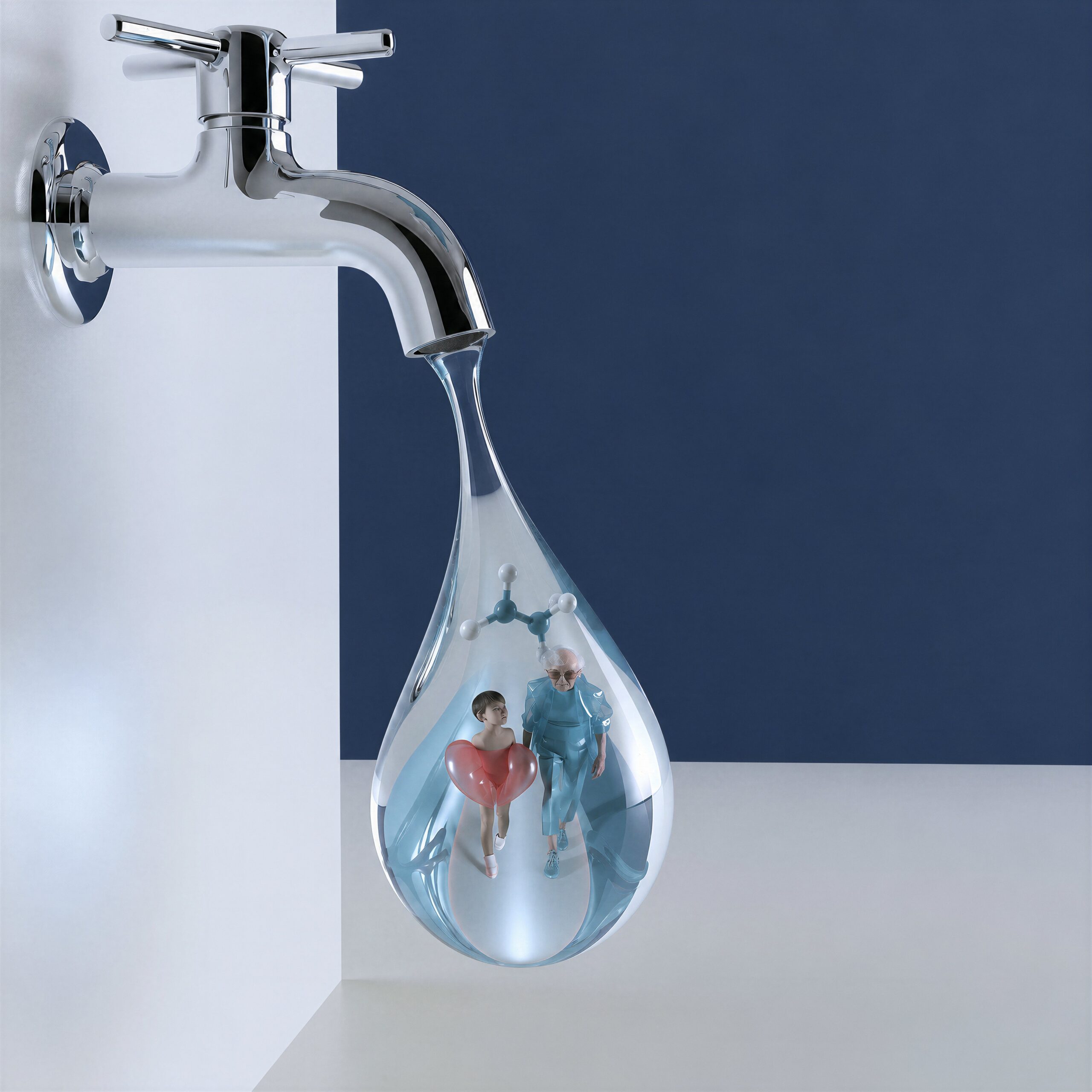 Une goutte d'eau tombant d'un robinet chromé renferme un enfant, une personne âgée et une structure moléculaire.