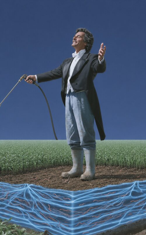 Un homme en veste de smoking et bottes de pluie pulvérise un champ agricole au-dessus d'un sol au réseau souterrain lumineux.