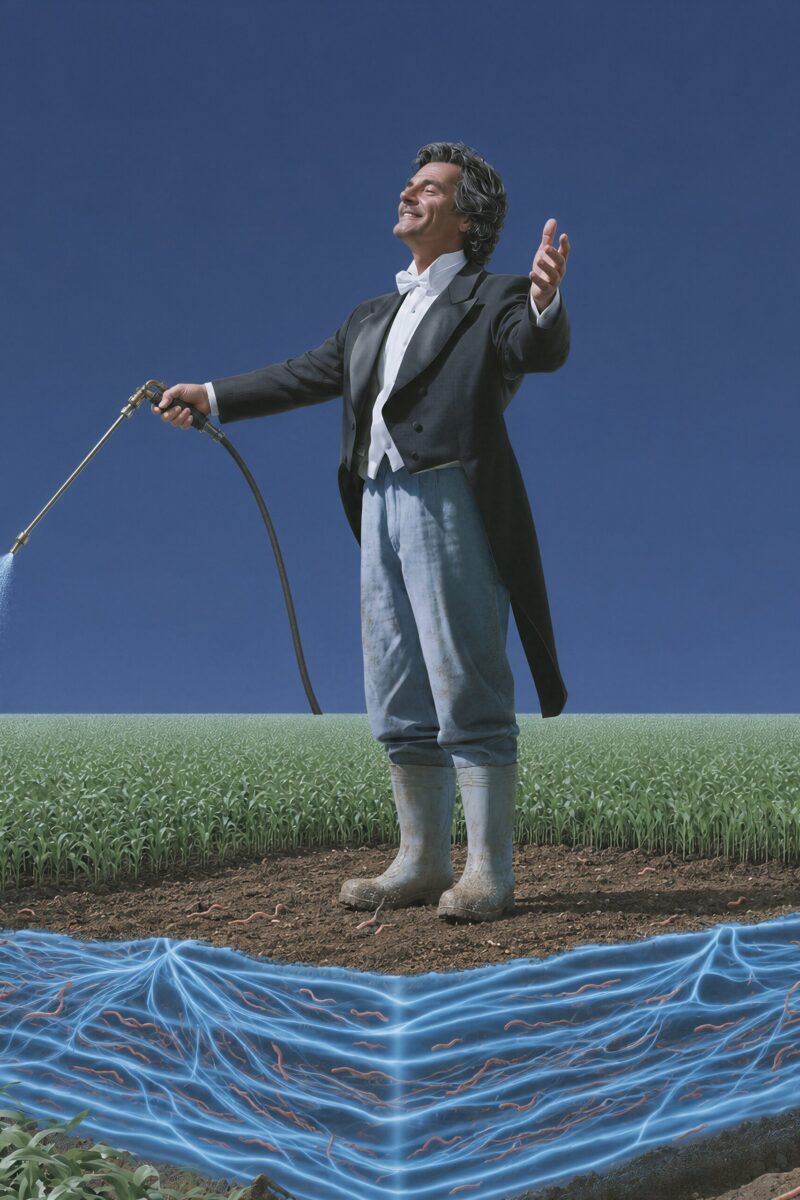 Homme en frac pulvérisant un champ Un homme en veste de smoking et bottes de pluie pulvérise un champ agricole au-dessus d'un sol au réseau souterrain lumineux.