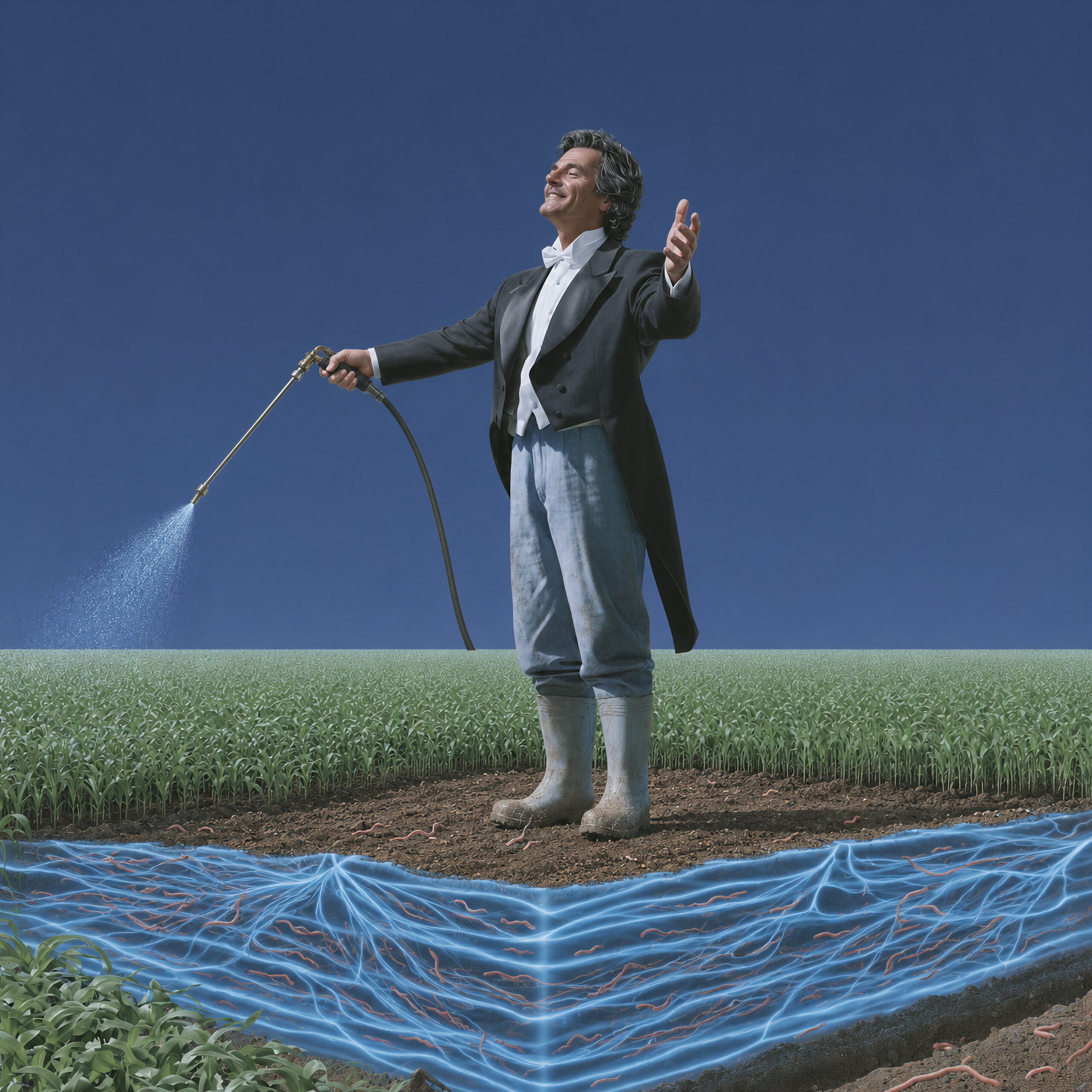 Un homme en veste de smoking et bottes de pluie pulvérise un champ agricole au-dessus d'un sol au réseau souterrain lumineux.