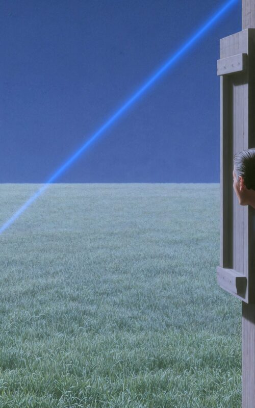 Un homme regarde par une fenêtre en bois un rayon lumineux bleu traverser un grand champ d'herbe.