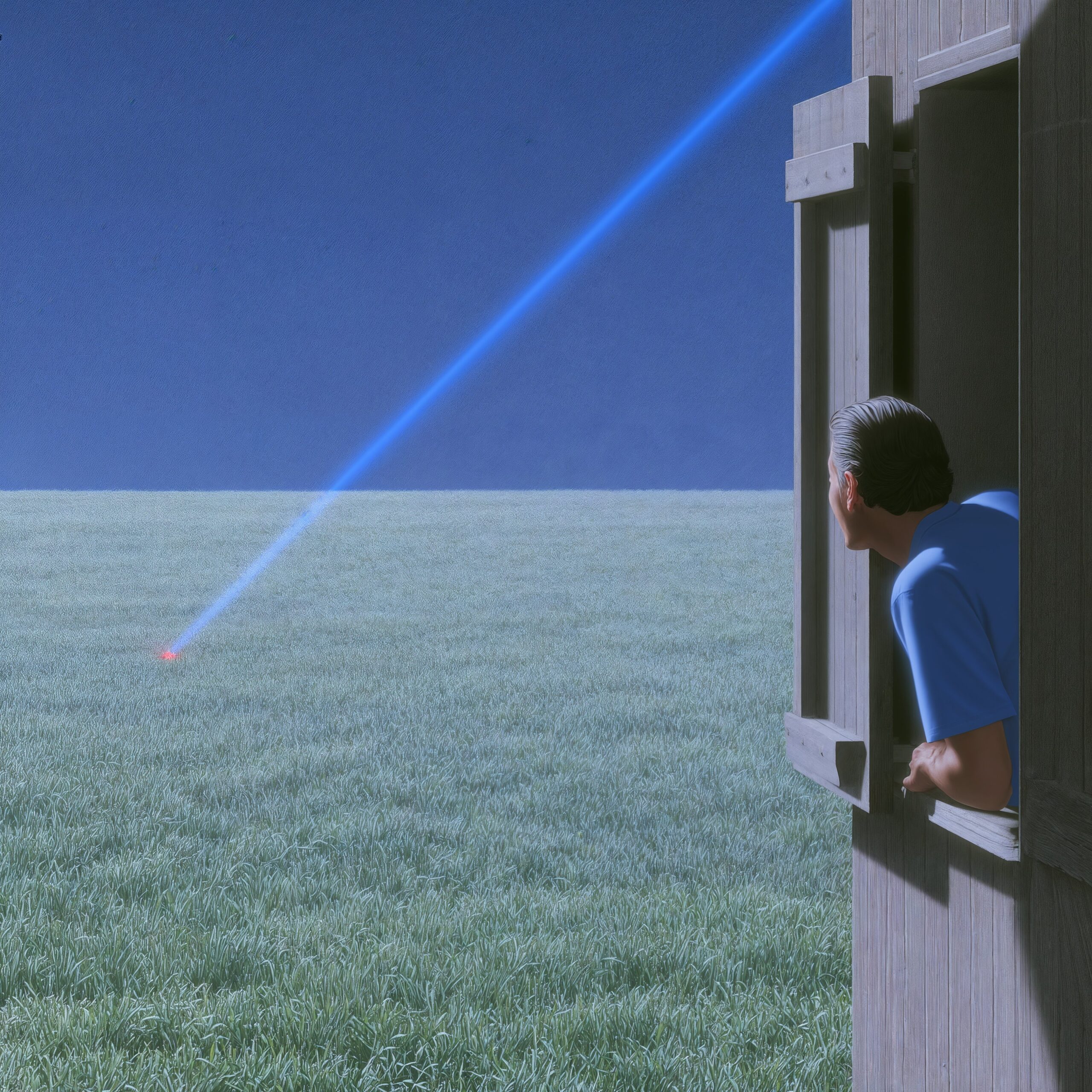 Un homme regarde par une fenêtre en bois un rayon lumineux bleu traverser un grand champ d'herbe.