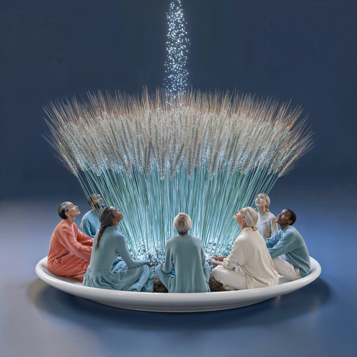 Un groupe de personnes assises en cercle autour d'un bouquet de blé d'où s'élève une colonne de lumière.